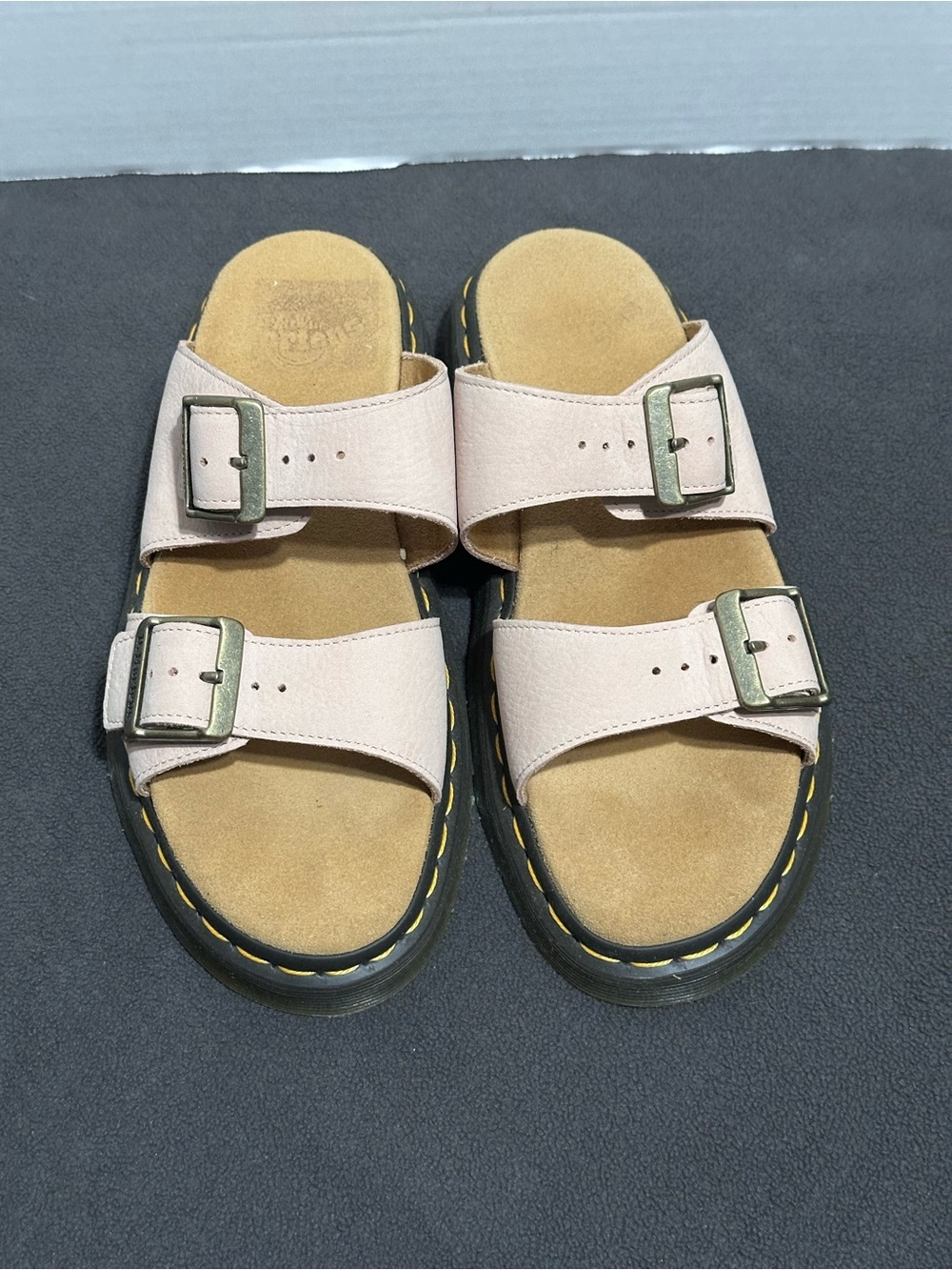 Dr. Martens Josef slide sandals in a Powder Pink Suede Double-Buckle Slide - Picture 3 of 9